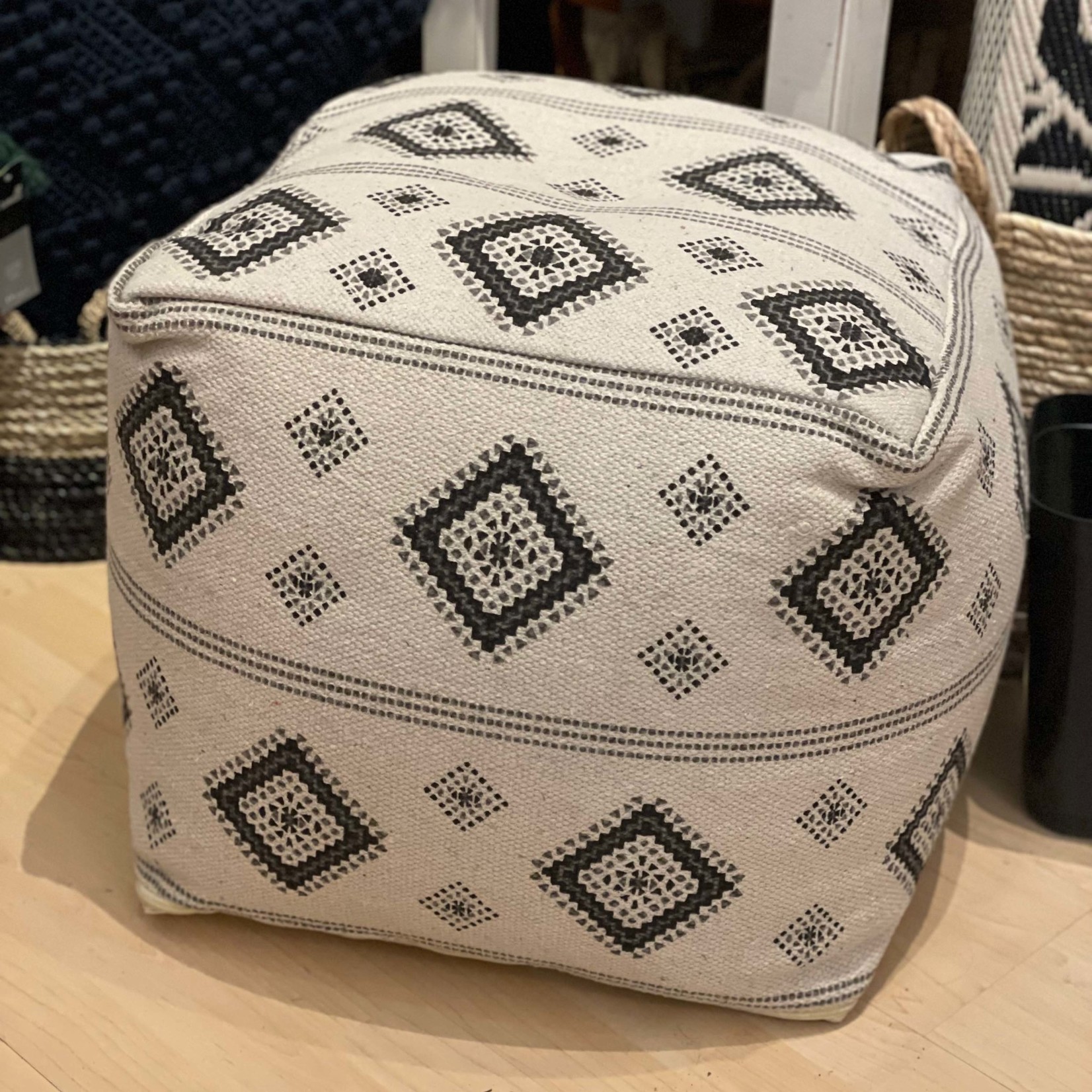 Cream Pouf with Geometric Shapes