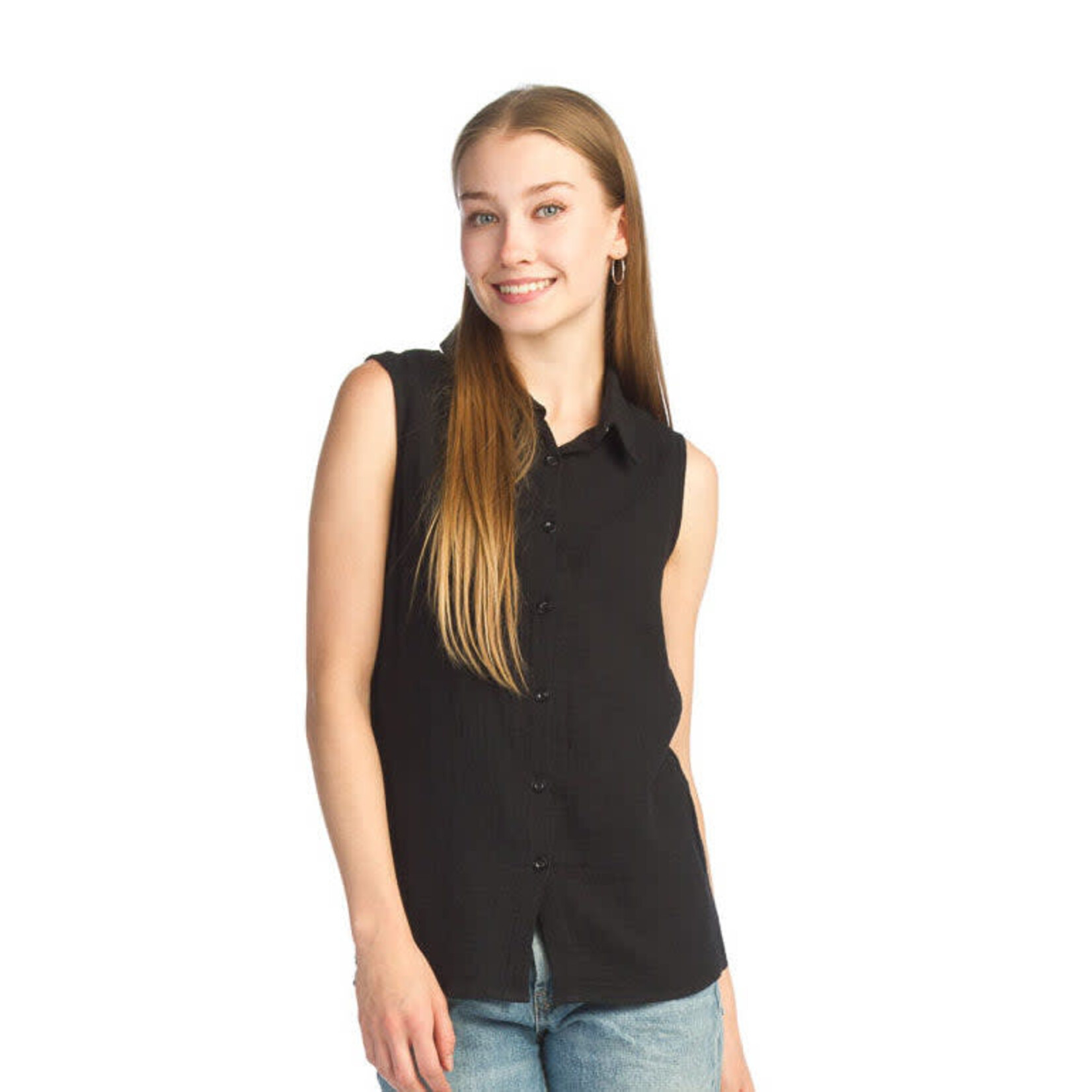 Papillon Black Cotton Gauze Sleeveless Blouse