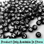 Alphabet Letter Beads, approx 200pcs, 7x4mm,  round acrylic, white letters on black, 1.5mm hole, in store only