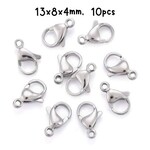 Stainless Steel Lobster Claw Clasps, 10pcs, 13x8x4mm, hole 1.5mm, 12gms/0.42oz