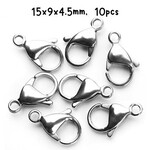 Stainless Steel Lobster Claw Clasps, 10pcs, 15x9x4.5mm, hole 2mm, 10gms/0.35oz