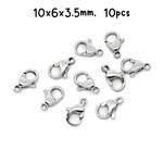 Stainless Steel Lobster Claw Clasps, 10pcs, 10x6x3.5mm, hole 1mm, 5gms/0.18oz