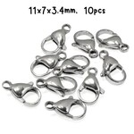 Stainless Steel Lobster Claw Clasps, 10pcs, 11x7x3.5mm, 1mm hole, 4gms/0.14oz