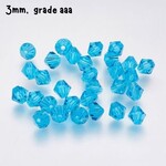 3mm Bicones, approx 100pcs, deep sky blue, hole 0.7mm, grade aaa, glass beads, 3gms/0.11oz