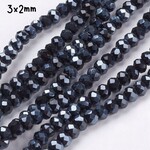 3x2mm Faceted Rondelles, approx 140pcs, 13" strand, hematite full plated, hole 0.5mm, glass beads, 8gms/0.28oz