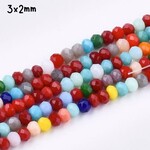 3x2mm Faceted Rondelles, approx 190pcs, 16" strand, opaque mixed colors, hole 1mm, glass beads, 14gms/0.49oz