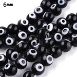 6mm Evil Eye Protection, approx 64pcs, 14" strand, black, hole 1mm, lampwork glass beads, 21gms/0.74oz