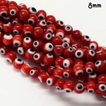 8mm Evil Eye Protection, approx 49pcs, 14" strand, red, hole 1mm, lampwork glass beads, 32gms/1.13oz