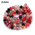 8x6mm Faceted Rondelle, approx 65pcs, 16" strand, mixed red tones plated ab, hole 1mm, glass beads, 29gms/1.02oz