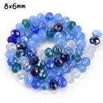8x6mm Faceted Rondelle, approx 65pcs, 16" strand, mixed blue tones plated ab, hole 1mm, glass beads, 29gms/1.02oz