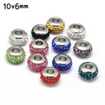10x6mm Stainless Steel Core Rhinestone Pave Beads, mixed colors, hole 3mm, 21gms/0.74oz