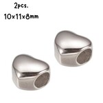 Stainless Steel Heart Beads, 2pcs, 10x11x8mm, smooth finish, hole 5mm, fits pandora & 5mm cords, 8gms/0.28oz