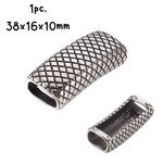 Stainless Steel Rectangle Bead, 1pc, 38x16x10mm, diamond textured, hole 7x13mm, fits 2 of 6mm cords, 30gms/1.06oz