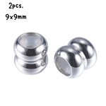Stainless Steel Rubber Core Stopper Beads, 2pcs, 9x9mm, hole 3mm, 12gms/0.39oz