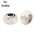 Stainless Steel Core Bead, 1pc, 12x8mm, natural shell on resin, hole 5mm, fits pandora and 5mm cords, 2gms/0.07oz