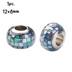 Stainless Steel Core Bead, 1pc, 12x8mm, shell on resin, blue ab, hole 5mm, fits pandora and 5mm cords, 2gms/0.07oz