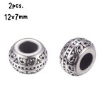 Stainless Steel Euro Beads, 2pcs, 12x7mm, hole 5.5mm, for pandora & 5mm cords, 8gms/0.28oz