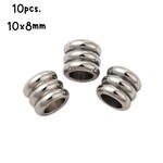 Stainless Steel Beads 2 Rib Cylinder Beads, 10pcs, 10x8mm, hole 6mm, 23gms/0.81oz