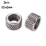 Stainless Steel Diamond Etched Beads, 2pcs, 10x6.5mm, cylinder, hole 6mm, 6gms/0.21oz