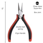 Super Fine Ergonomic Chain Nose Pliers, red & black handles, 4.5" long