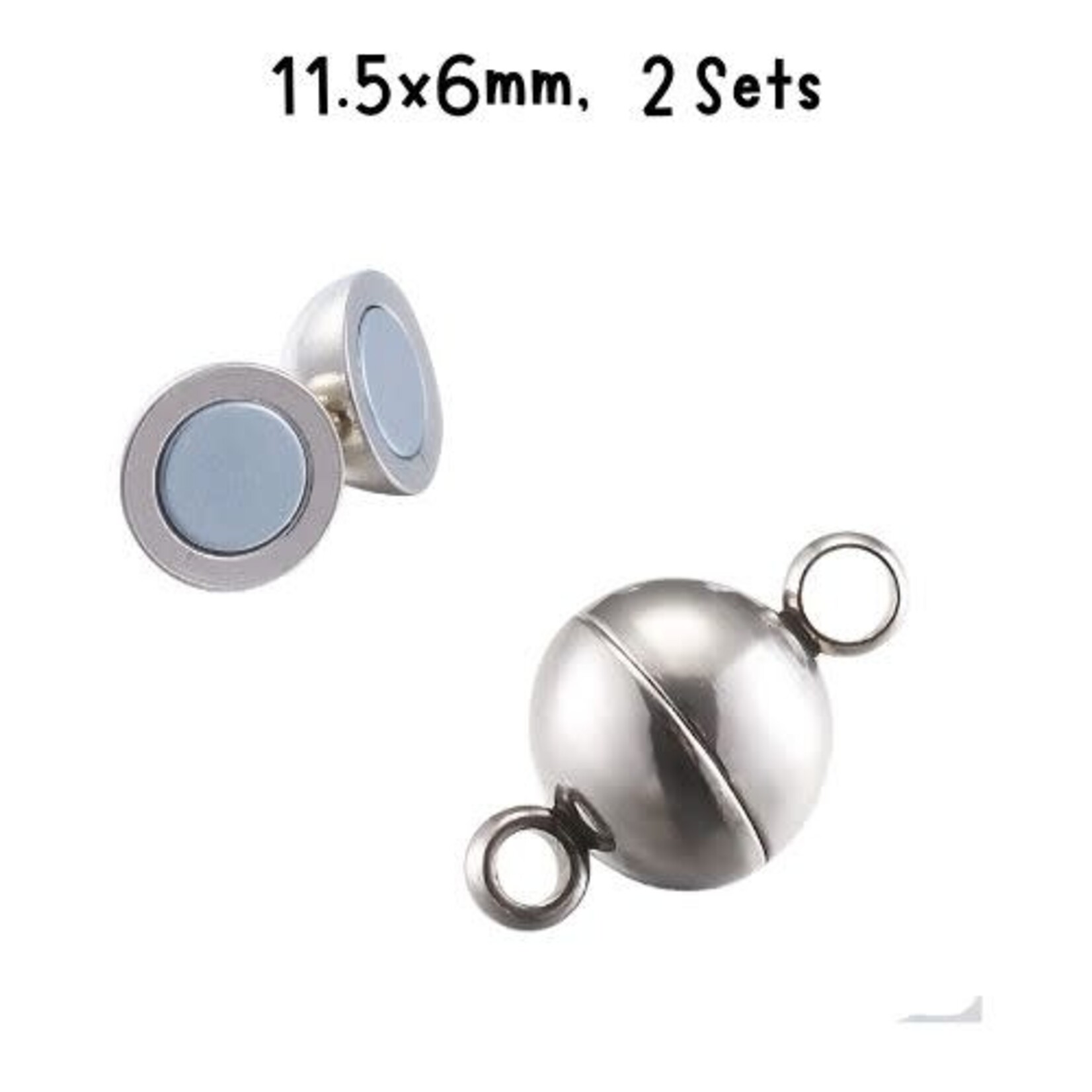 Stainless Steel  Magnetic Round Clasps, 2 sets, 11.5x6mm, hole 2mm, 4gms/0.14oz