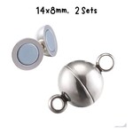 Stainless Steel  Magnetic Round Clasps, 2 sets, 14x8mm, hole 2mm, 5gms/018oz