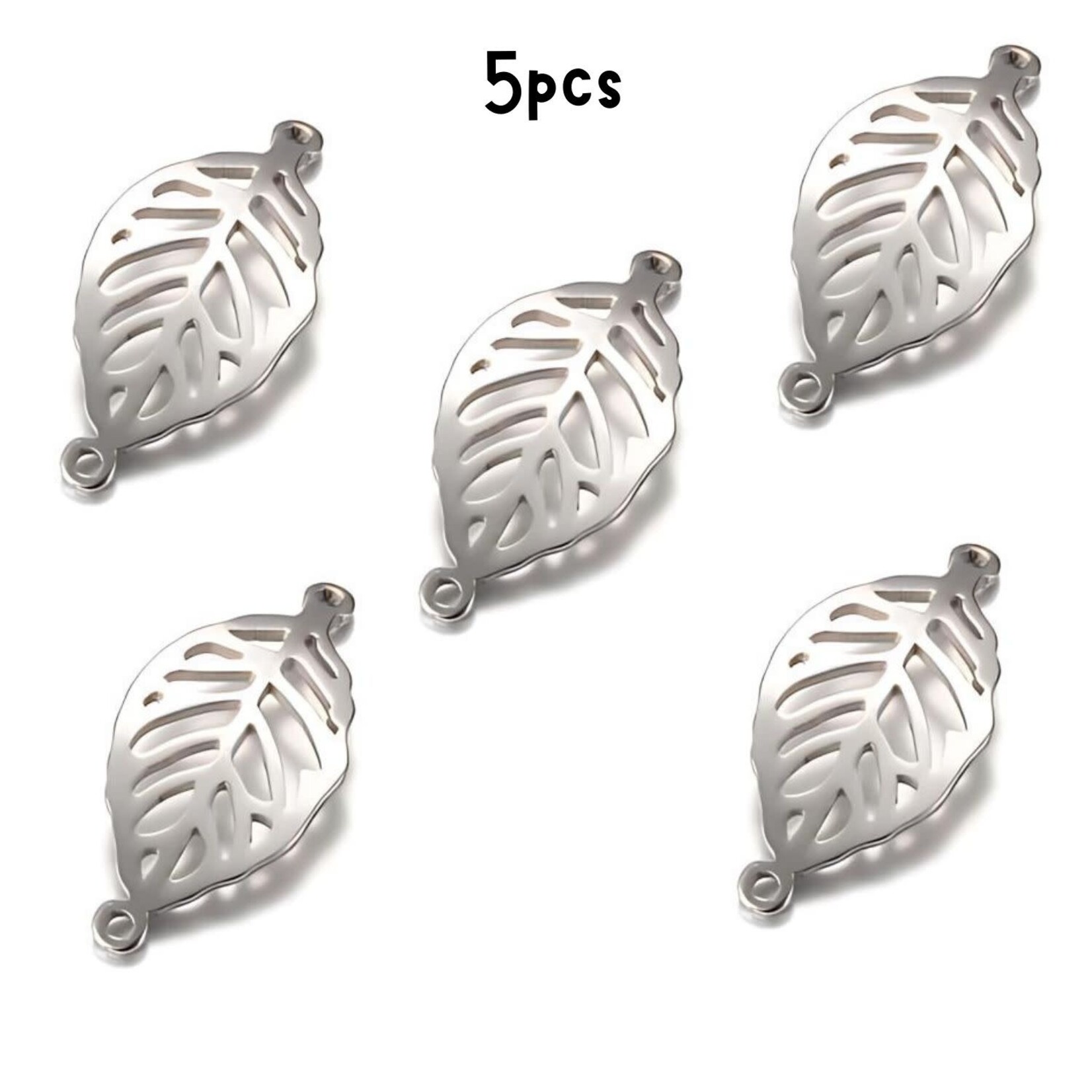 Stainless Steel Leaf, links/connectors, 5pcs, 29x14x1mm, w/1.5mm hole, 6gms/0.21oz