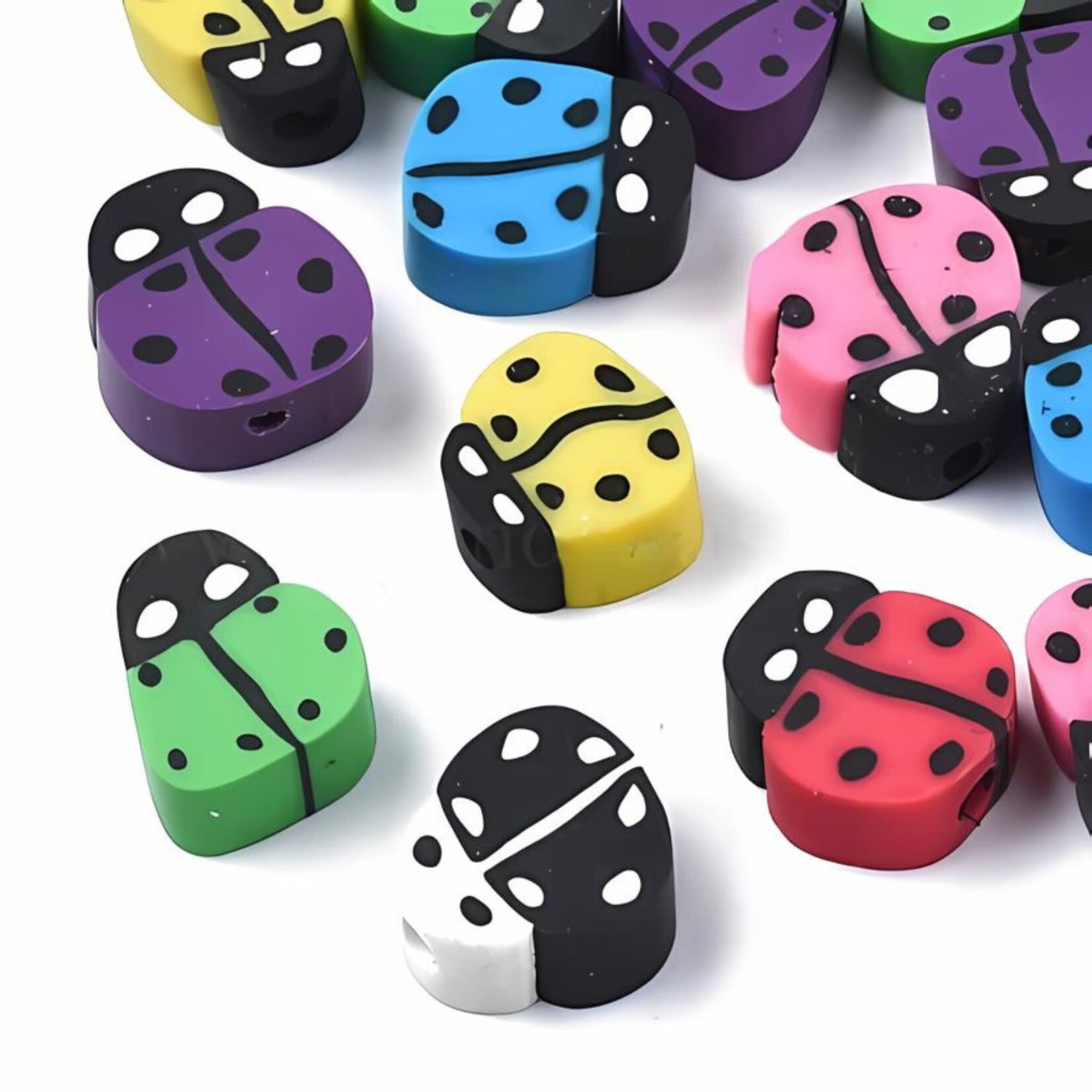 Ladybugs, approx 50pcs, 8-10x8-12x4-5mm, hole 1.5mm, polymer clay beads, 20gms/0.71oz