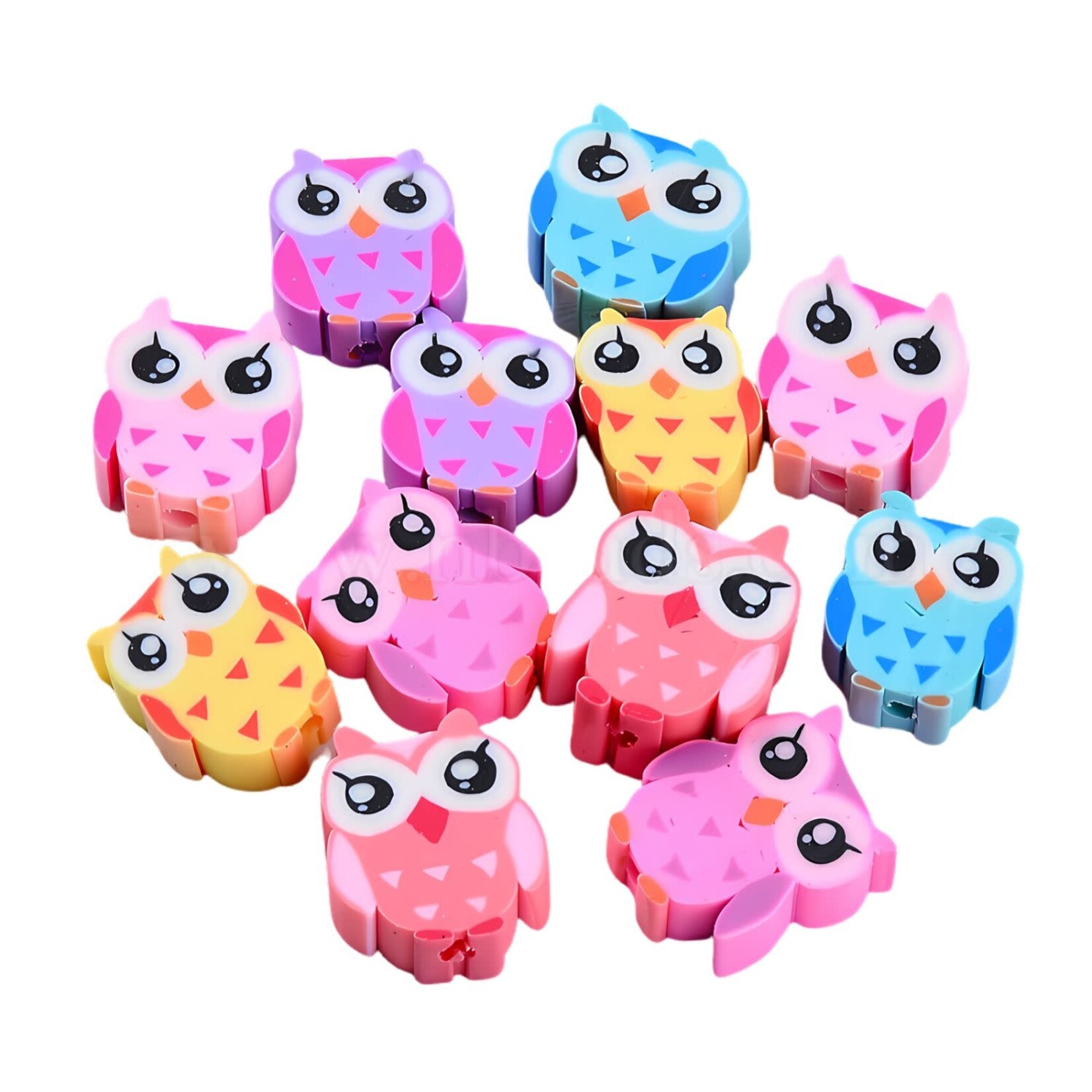 Owls, approx 50pcs, 9-12x9-10x4-5mm, 1.6mm hole, polymer clay beads, 19gms/0.67oz