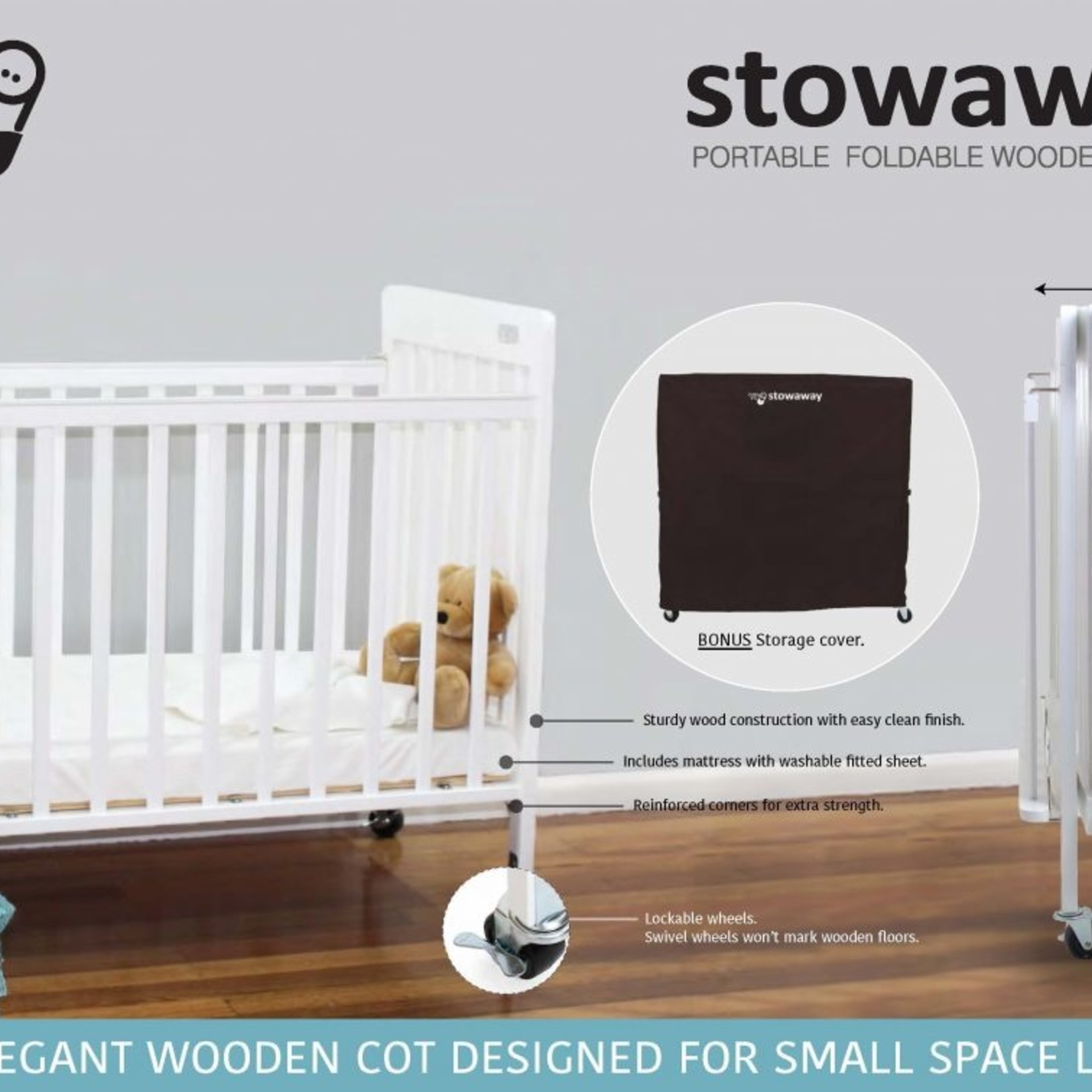 Baby Inc Stowaway Foldable Wooden Cot-White