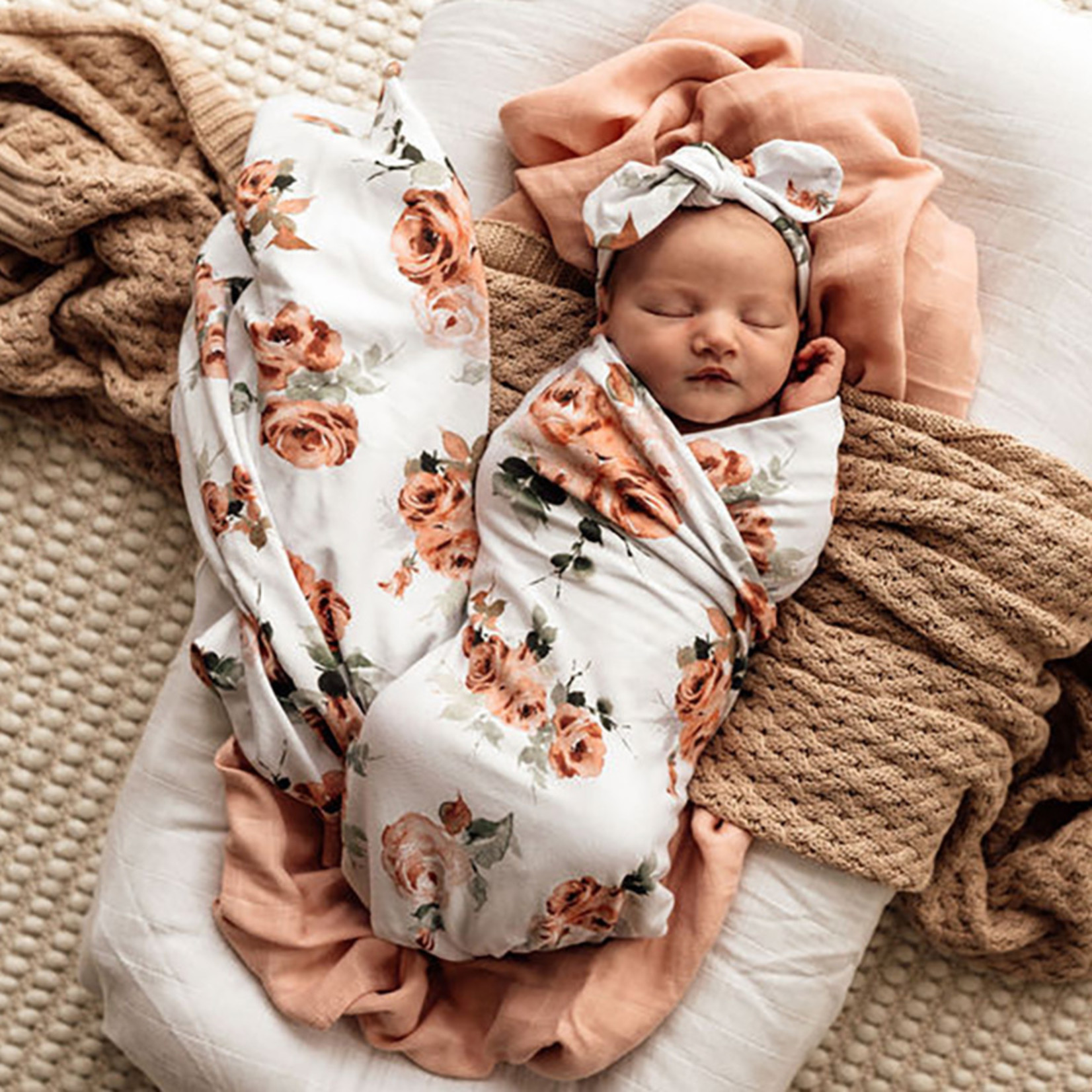 Snuggle Hunny Baby Jersey Wrap & Topknot Set-Rosebud