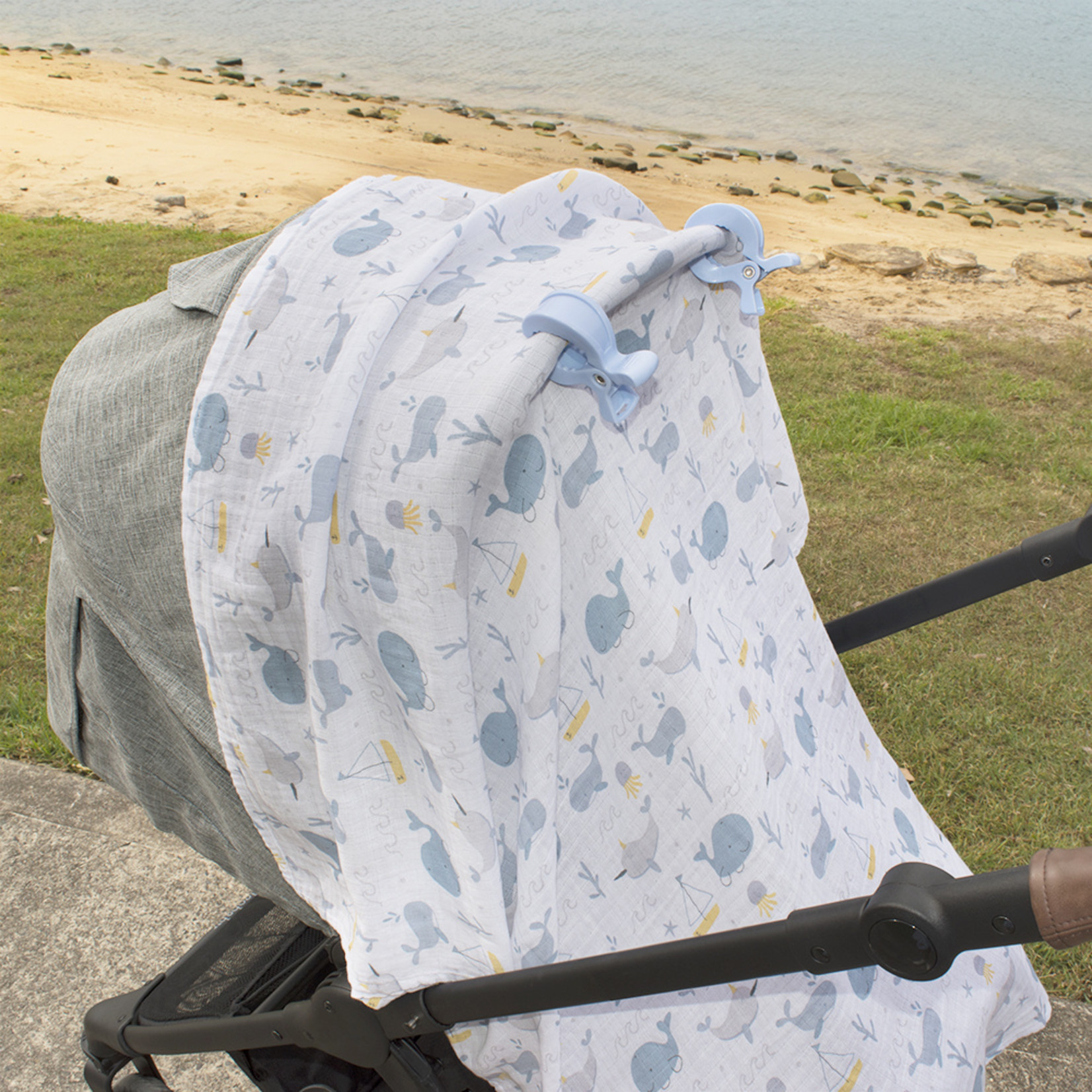 Living Textiles Muslin Swaddle & Pram Pegs - Whale of a time