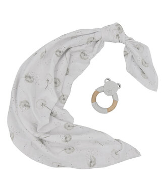 Living Textiles Organic Muslin Swaddle & Teether Gift Set - Dandelion/Grey