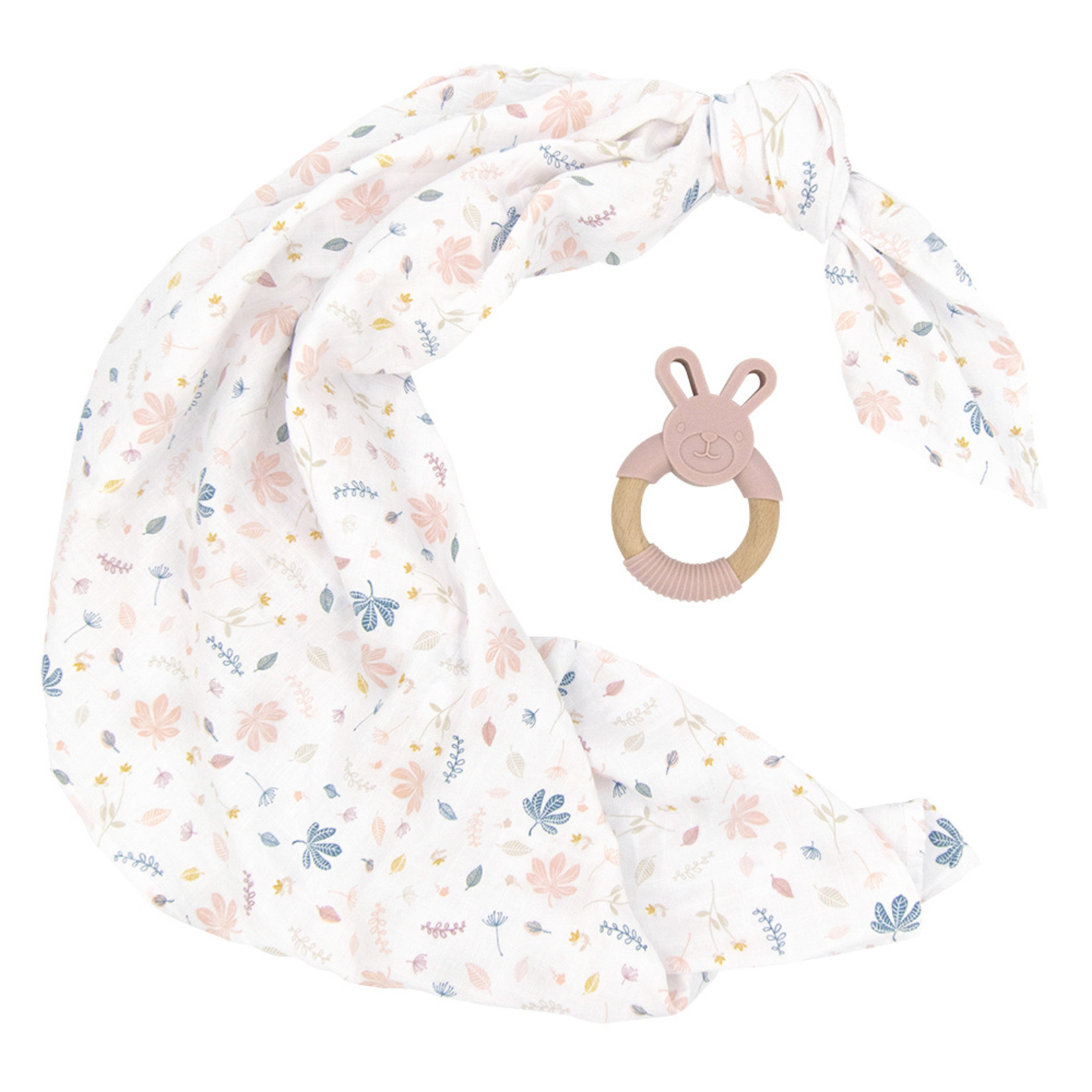 Living Textiles Organic Muslin Swaddle & Teether Gift Set - Botanical/Blush