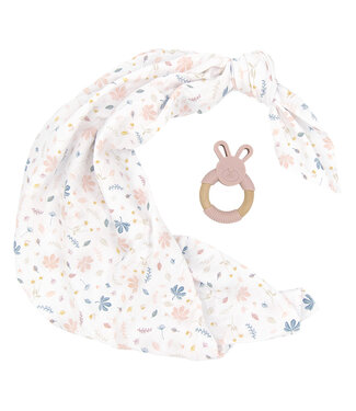 Living Textiles Organic Muslin Swaddle & Teether Gift Set - Botanical/Blush