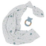 Living Textiles Organic Muslin Swaddle & Teether Gift Set - Banana leaf/Teal