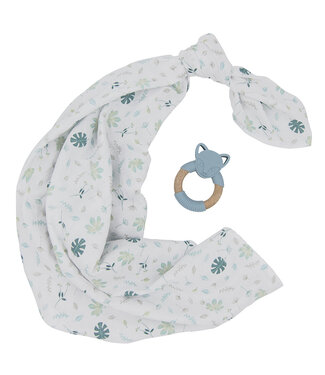 Living Textiles Organic Muslin Swaddle & Teether Gift Set - Banana leaf/Teal