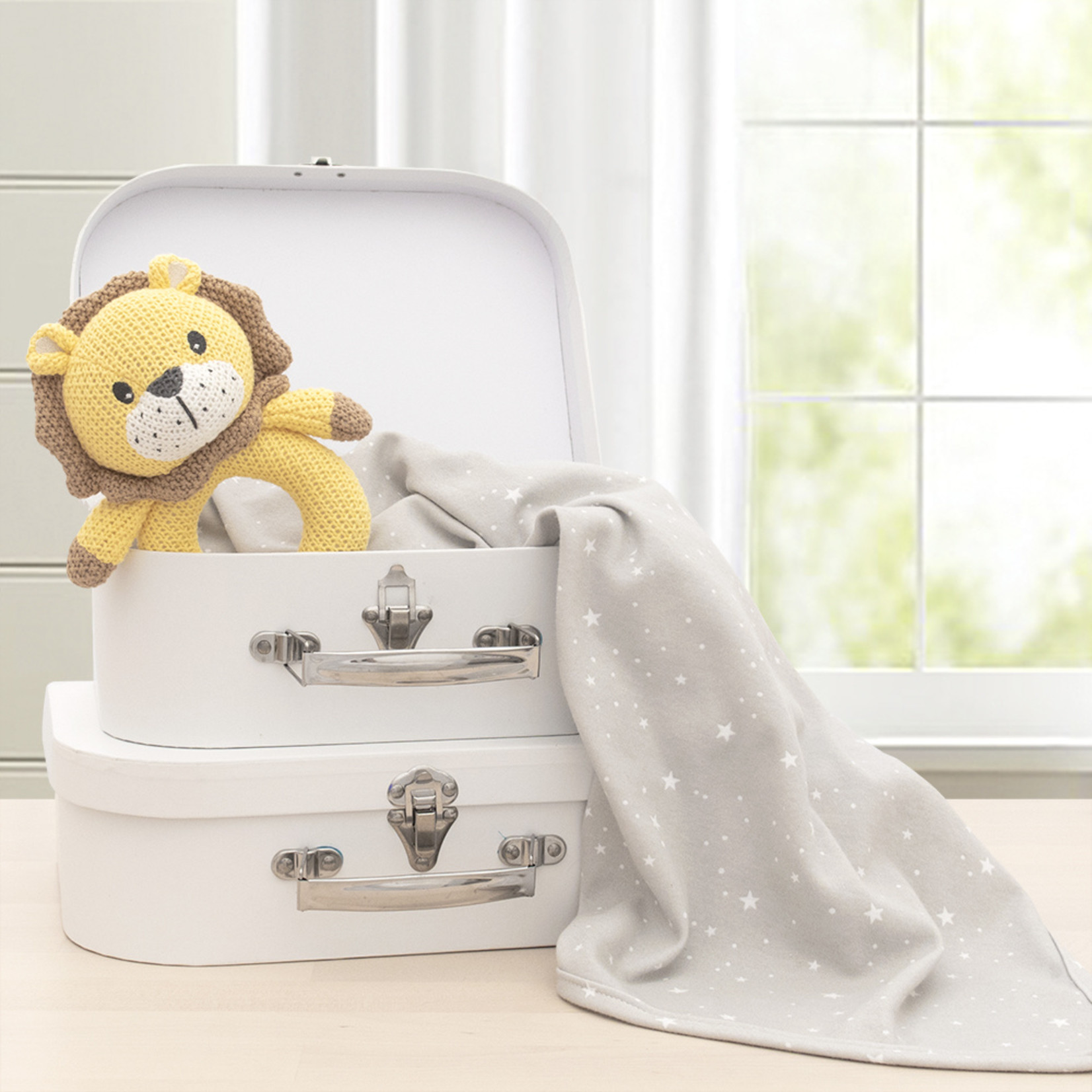 Living Textiles Jersey Swaddle & Ring Rattle Gift Set-Stars/Lion