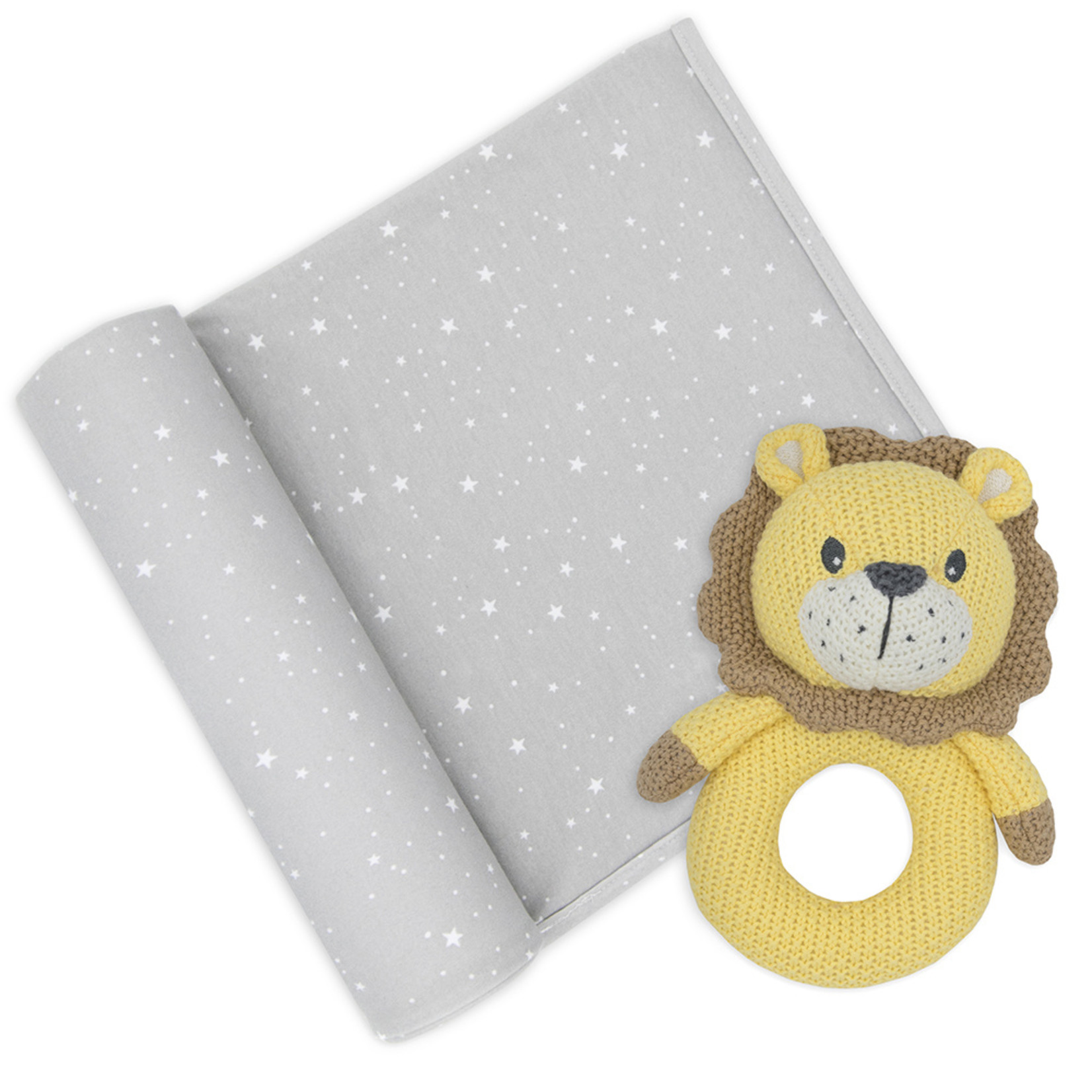Living Textiles Jersey Swaddle & Ring Rattle Gift Set-Stars/Lion