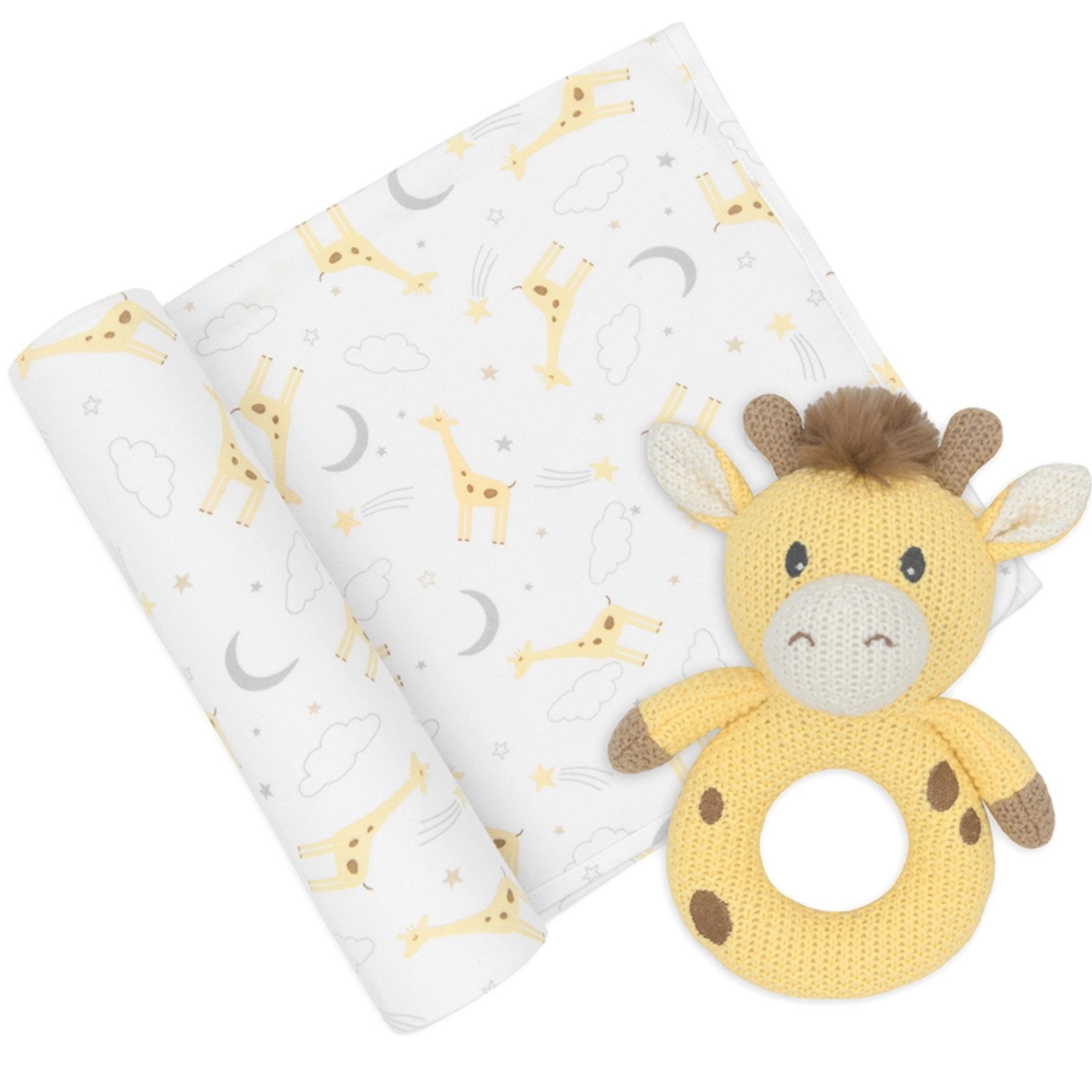 Living Textiles Jersey Swaddle & Ring Rattle Gift Set-Noah/Giraffe