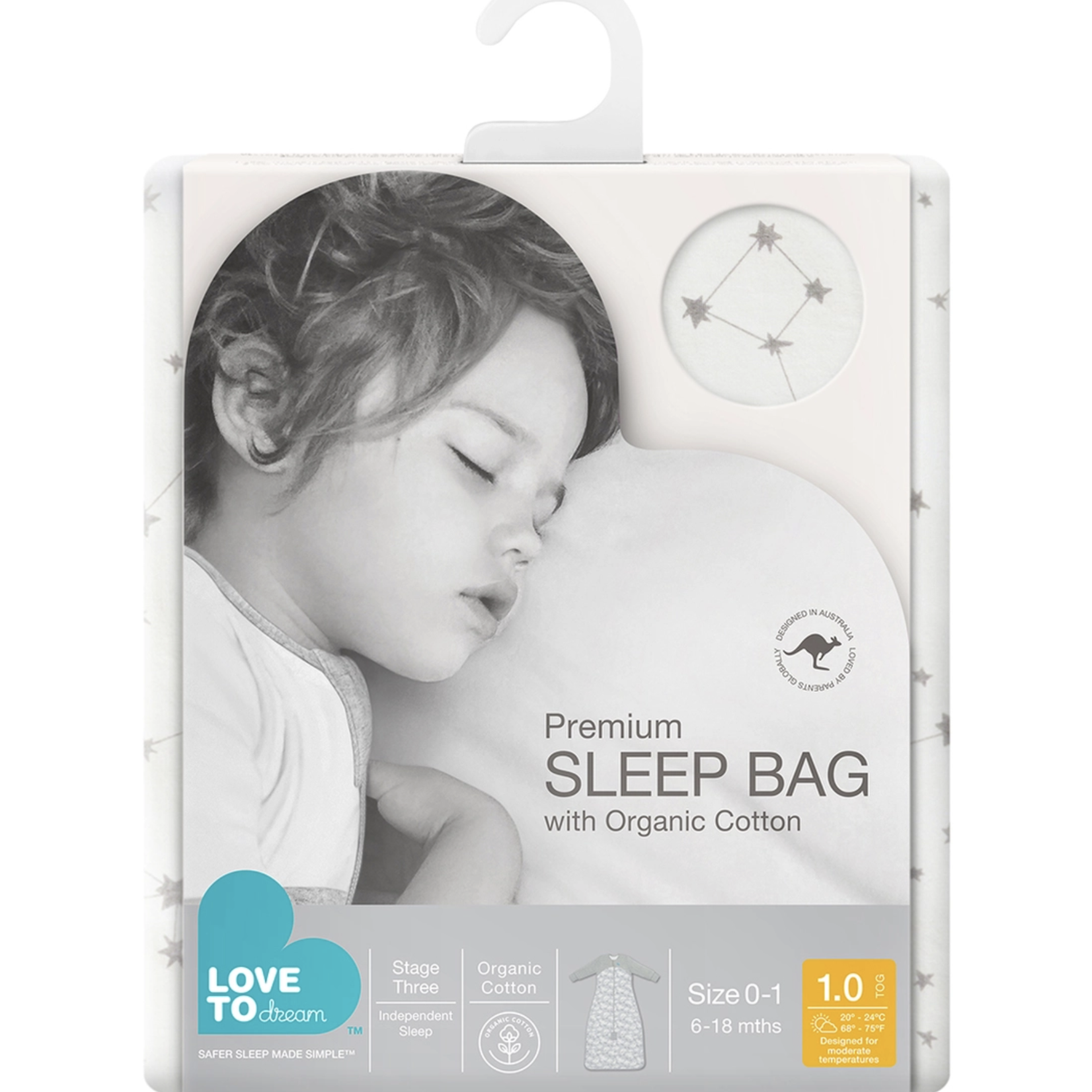 Love To Dream Sleep Bag Organic 1.0 TOG -White Stellar(LONG SLEEVE)