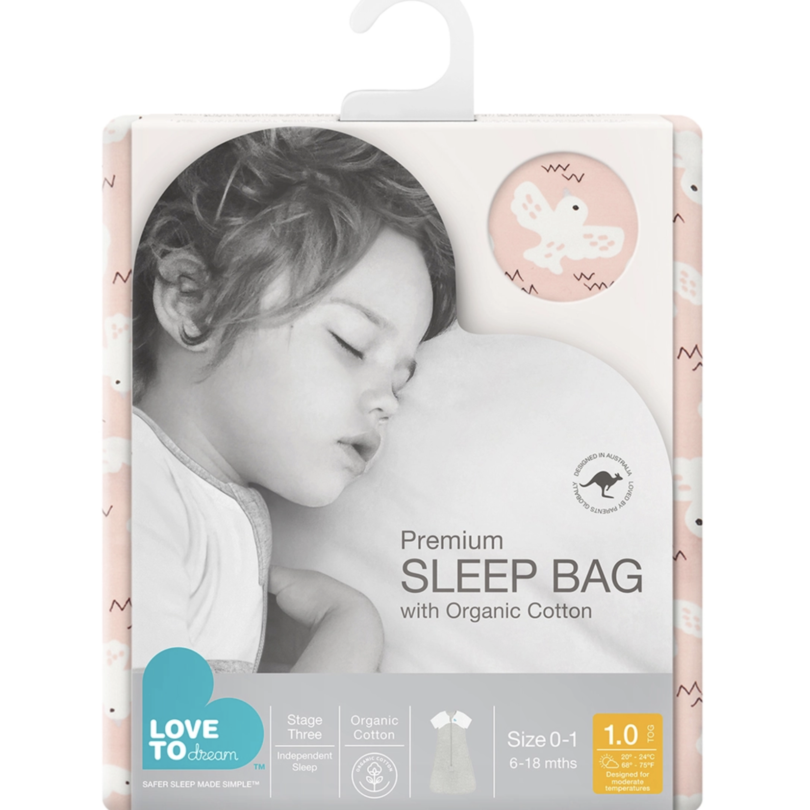 Love To Dream Organic Sleep Bag 1.0 TOG-Pink Doves