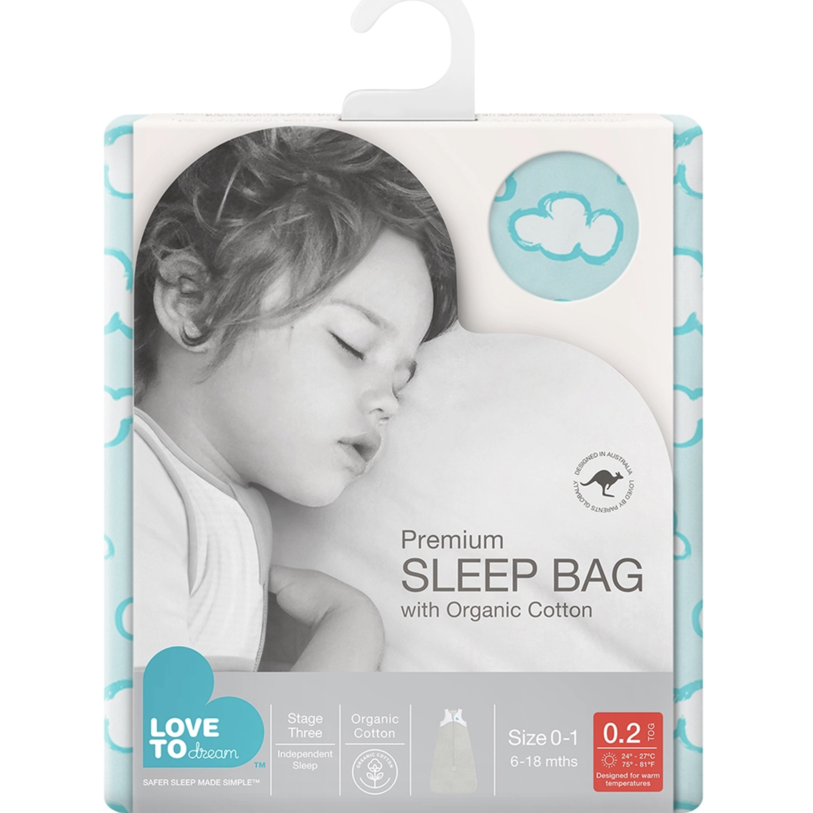 Love To Dream Organic Sleep Bag Lite 0.2 TOG-Turquoise Clouds