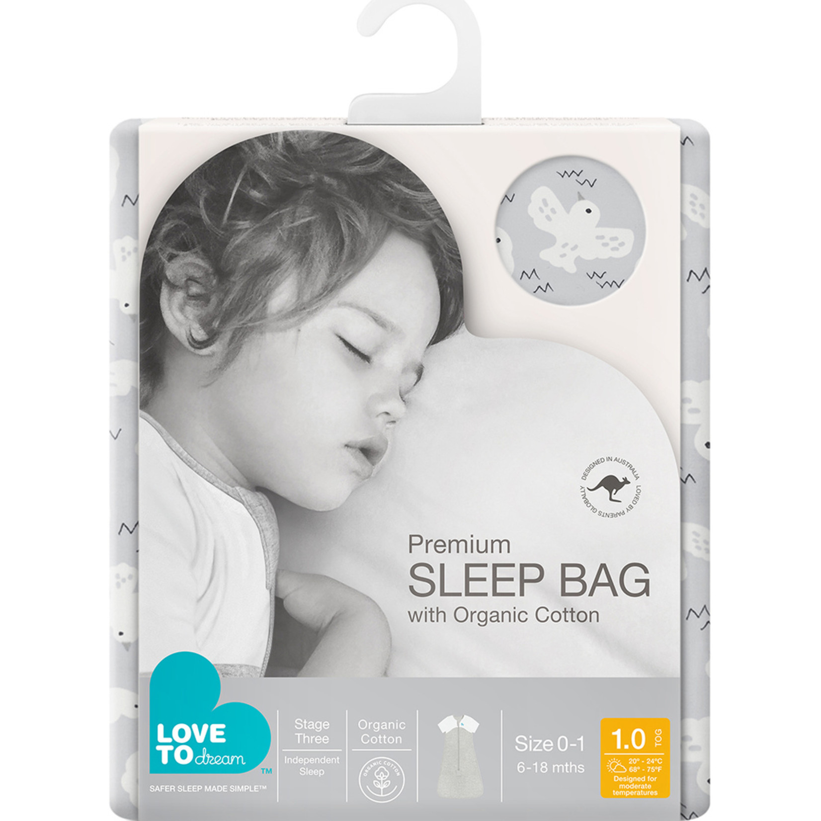 Love To Dream Organic Sleep Bag 1.0 TOG-Grey Doves
