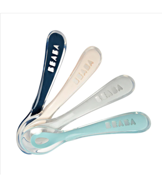 BEABA SET OF 4 2ND STAGE SOFT SILICONE SPOONS - DARK BLUE/PINK/GREY/LIGHT BLUE