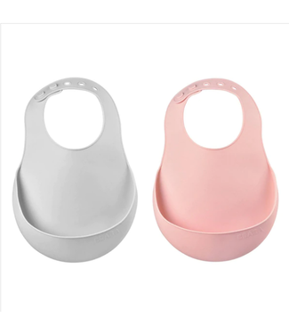 BEABA SET OF 2 SILICONE BIB OLD PINK/ LIGHT GREY