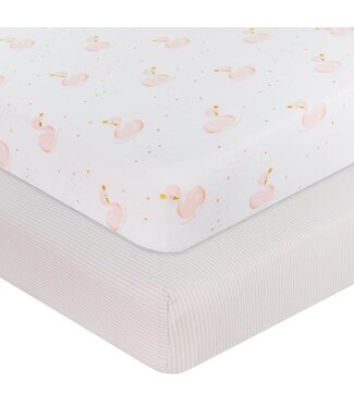 Living Textiles 2-PACK JERSEY COT FITTED SHEET SWAN PRINCESS/PINK STRIPE