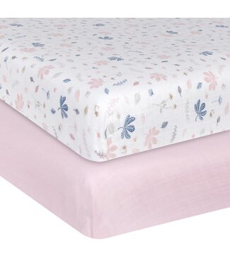 Living Textiles ORGANIC MUSLIN 2-PACK COT FITTED SHEETS BOTANICAL/BLUSH