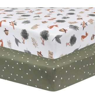 Living Textiles 2pk Cot Fitted Sheets-Forest Retreat/Olive Dots