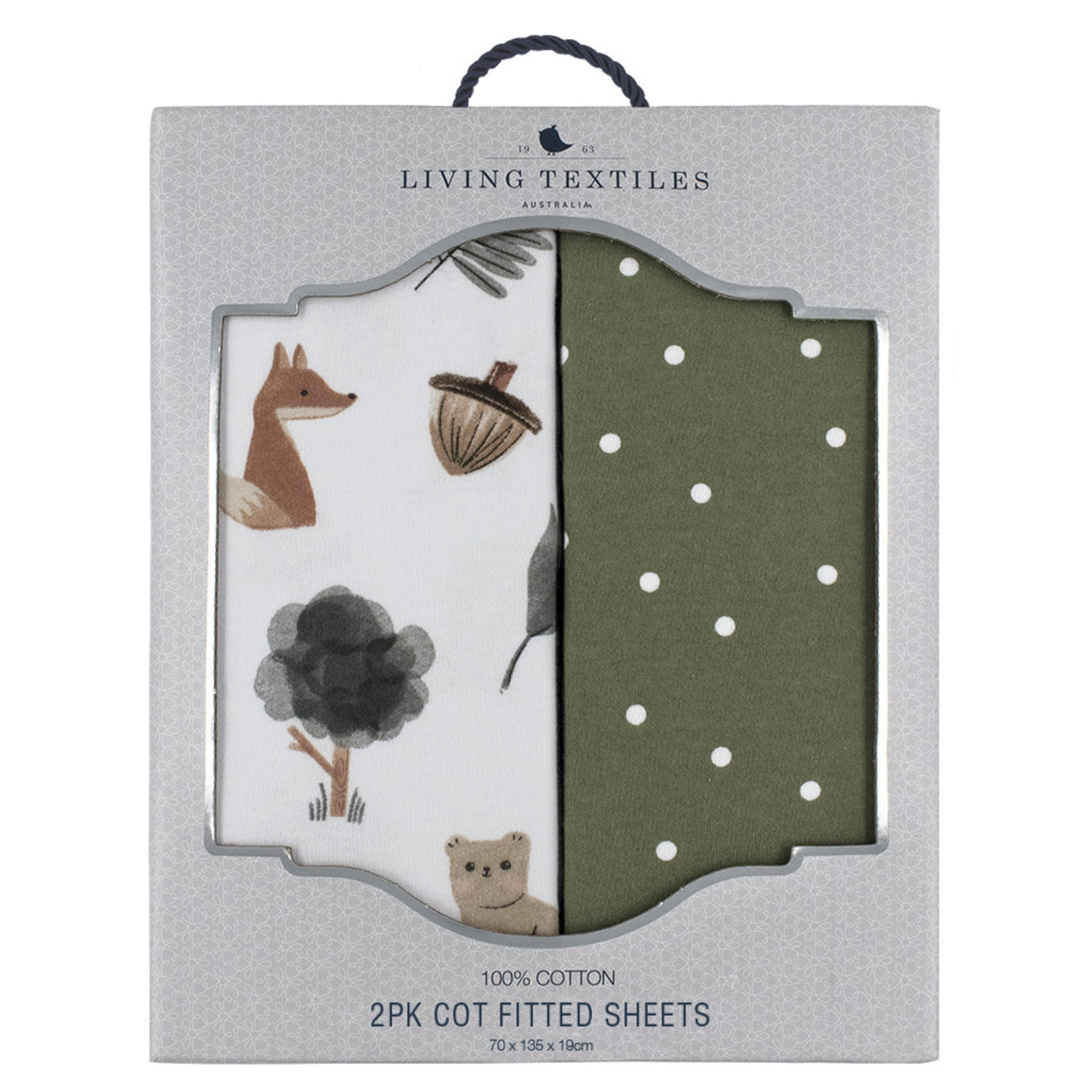 Living Textiles 2pk Cot Fitted Sheets-Forest Retreat/Olive Dots